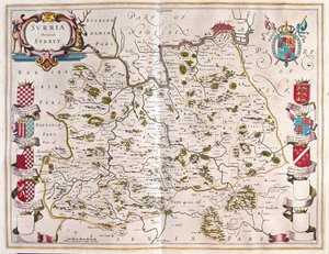 Surrey, a Willem Blaeu által készített "Theatrum Orbis Terrarum, sive Atlas Novus"-ban (Amszterdam). alkotó: Willem Blaeu