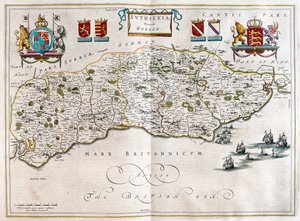 Sussex, a Willem Blaeu által készített "Theatrum Orbis Terrarum, sive Atlas Novus"-ban (Amszterdam). alkotó: Willem Blaeu