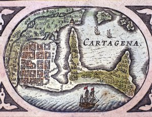 Kilátás Cartagenára Kolumbiában (Dél-Amerika). Willem Janszoon Blaeu (1571-1638) „” Le Theater du Monde” atlasz térképének részlete alkotó: Willem Blaeu