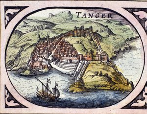 Kilátás a megerősített Tanger városra és a tengerpartra, Marokkó. Térkép a holland atlaszból, W. G. Blaeu, Amszterdam alkotó: Willem Blaeu