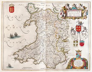 Wales, a Willem Blaeu által készített "Theatrum Orbis Terrarum, sive Atlas Novus" című könyvben, Amszterdam. alkotó: Willem Blaeu
