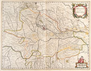 az olaszországi Mantova városa az amszterdami Willem Blaeu által készített "Theatrum Orbis Terrarum, sive Atlas Novus"-ban. alkotó: Willem Blaeu