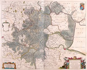 Norfolk, Suffolk, Huntington, Northampton Cambridge és Lincoln "elárasztott területei", Willem Blaeu, Amszterdam, "Theatrum Orbis Terrarum, sive Atlas Novus" című művében. alkotó: Willem Blaeu