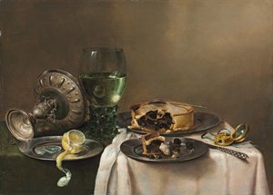 Pronk csendélet, roemerrel, felfordított ezüst tazzával, félig meghámozott citrommal óntányéron, pitével, időmérővel és késsel, 1631 alkotó: Willem Claesz. Heda