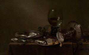 Csendélet osztrigával, ezüst tazzával és üvegáruval, 1635.