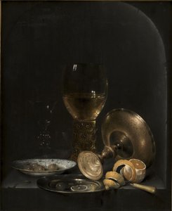 Csendélet. Reggeli darab egy kőfülkében alkotó: Willem Claesz. Heda