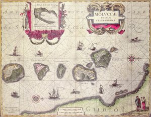 A Molukkán-sziget térképe, Jodocus Hondius metszet, 1630 (színes metszet)