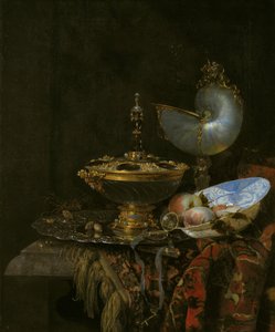 Pronk csendélet Holbein tállal, Nautilus csészével, üvegserleggel és gyümölcstállal alkotó: Willem Kalf