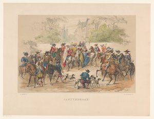 Az utrechti maskarás hetedik csoportja 1856-ban A vadászati ​​öröm (cím a tárgyon) Hazánk a 17. század közepe táján, bemutatja H.H. diákok, a Mutua Fides tagjai, az Utrechtsche Hoogeschool 220. évfordulója alkalmából, 25. den.