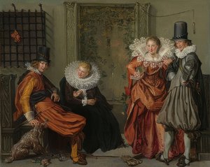 Elegáns pár udvarol egymásnak. 1616-20 körül