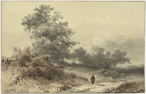 Táj bokrokkal és egy figurával az országúton alkotó: Willem Roelofs (I)