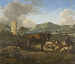 Szarvasmarhák és pásztorok dombos tájon, 1650-70 körül (olaj, tábla)
