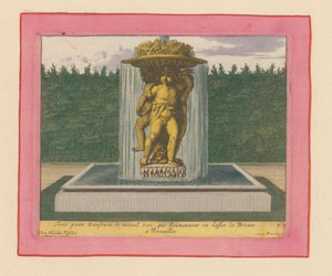 Brunnen mit einer Statue von drei tanzenden Putti, die eine Schale über ihren Köpfen tragen