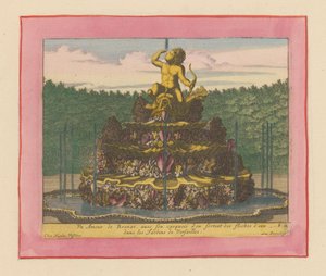 Brunnen mit einer Statue eines Putto mit Bogen in der Hand, sitzend auf einem Delfin