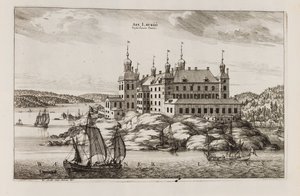 A läcköi kastély a Vänern-tó felől. A „Suecia antiqua et hodierna” című műből alkotó: Willem Swidde