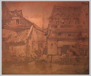 Batavia. Házak a kaliban, mosónő a jobb oldalon egy ház lépcsőjén alkotó: Willem Arnoldus Witsen
