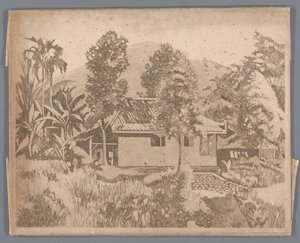 Ház a Salak(?) vulkánnal a háttérben, Buitenzorg alkotó: Willem Arnoldus Witsen