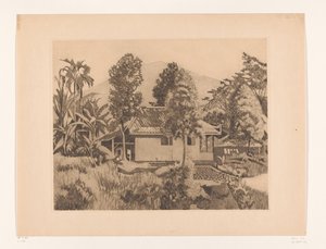 Otthon Bogorban, a háttérben egy hegy Ház a Salak(?) vulkánnal a háttérben, Buitenzorg (eredeti cím) alkotó: Willem Arnoldus Witsen