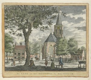 Templom és bíróság Hilversumban 1762-ben (az 1766-os tűzvész előtt) A templom és a Regthuis Hilversumban (cím a tárgyon) alkotó: Willem Writs