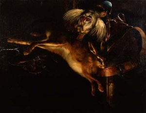 Nyúl csendélete, fogoly és márványpárkány fölött lógó vadászfelszerelés alkotó: Willem van Aelst