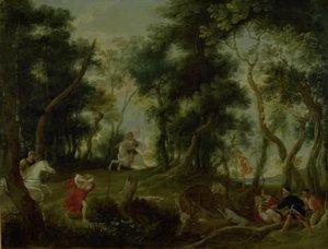 Táj Atalantával és Meleagerrel, aki a kalidóniai vaddisznóra vadászik alkotó: Willem van Herp