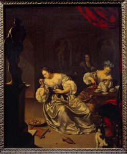 A holland nemesség asszonyai itták a teát. Willem van Mieris (1662-1747) festménye (ec.holl.) 18. század V. 0,42x0,34 m