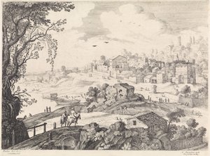 Olasz táj egy várossal Olasz tájak (sorozat címe) alkotó: Willem van Nieulandt (II)