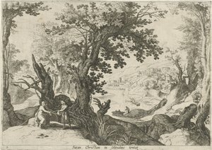 Táj Krisztus kísértésével Sátán Christum magányos sátorban (cím a tárgyon) Olasz tájak bibliai jelenetekkel (sorozat címe) alkotó: Willem van Nieulandt (II)