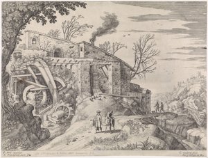 Táj vízimalommal és az irgalmas szamaritánussal Olasz tájak (sorozat címe) alkotó: Willem van Nieulandt (II)