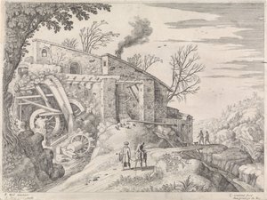 Táj vízimalommal és az irgalmas szamaritánussal Olasz tájak (sorozat címe) alkotó: Willem van Nieulandt (II)