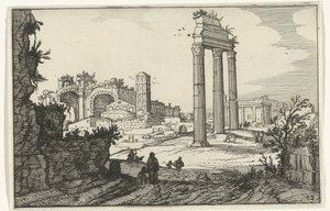 Castor és Pollux temploma és Konstantin-bazilika Római romok és tengerparti tájak (1. sorozat) (sorozat címe) alkotó: Willem van Nieulandt (II)