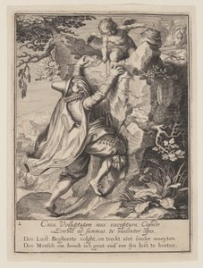 Egy fiatalember megmászik egy hegyoldalt Ámor segítségével, a Világi javakkal való visszaélés allegóriájából alkotó: Willem van Swanenburgh