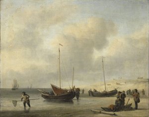 Horgászcsónakok a parton (The Shore, horgászcsónak kirakása) alkotó: Willem van de Velde (II)