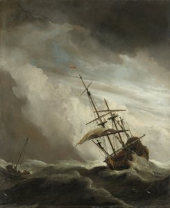 Egy hajó a nyílt tengeren, amelyet széllökés néven elkapott a széllökés, 1680