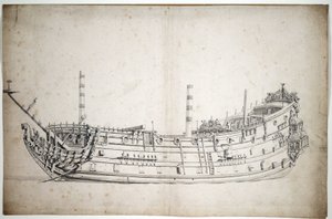 A "Triumph" (vagy "Szent György") hajó portréja, 70 ágyú, 1623-ban épült, Neptunuszt és két csikóhalat ábrázoló főalakkal, három teljes fedélzettel.