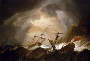 A viharban két brit hajó hajótörést szenved egy sziklás part közelében. Olaj, vászon, 1700 körül, Willem van de Velde (1633-1707) alkotása.