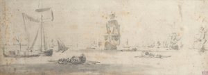 Egy gálya könnyű levegőben és több bárka, 1681 körül (grafit, szürke mosás) alkotó: Willem van de the Elder Velde