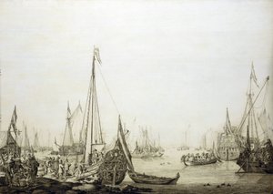 A zsúfolt kikötőben lévő hajók sokasága, ez a festmény történelmileg II. Károly angol király (1630-1685) 1660-as hágai (hollandiai) útjához kapcsolódik, az angol trónon való hatalmának helyreállítása során.