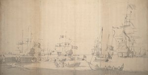 Egy weyschuit partra vontatása egy zsúfolt kikötőben, 1672 körül (grafit) alkotó: Willem van de the Elder Velde