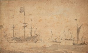 Angol zászlóshajó horgonyon, valószínűleg 1673 júniusában, 1673 körül (szürke mosás) alkotó: Willem van de the Elder Velde