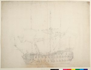 Egy 60 ágyús angol harmadosztályú hajó a baloldali hajóorr felől nézve, 1673 körül (offset) alkotó: Willem van de the Elder Velde