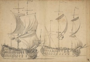 Egy angol harmadosztályú és negyedosztályú hajó könnyű vitorla alatt, 1677 körül (ceruza, mosás)