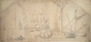 Egy angol jacht horgonyon, vitorlát bontva alkotó: Willem van de the Elder Velde