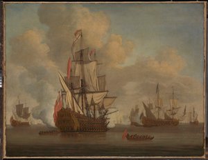 Nyugalom: egy angol kétfedelű vitorlájú, felhúzott vitorlákkal tisztelegve. alkotó: Willem van de the Elder Velde