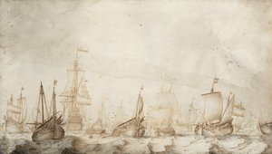 Holland heringhalászhajók az Északi-tengeren. William van de Velde az idősebb (1611-1693 körül) tinta- és tusrajza (27,4x47,6 cm), 1650 körül. alkotó: Willem van de the Elder Velde