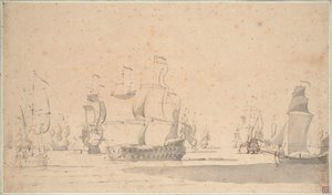 Angol hajók, egy ketch és egy galliot könnyű szélben, 1673 júniusában, 1673 körül (ceruza, mosás, toll, barna tus)