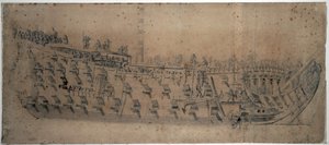 Az 1670-ben épült "London" nevű, 96 ágyúval felszerelt első osztályú hajó portréja. Rajz és temperálás 1676 körül, készítette Willem van de Velde l