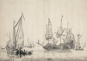 Vitorlások és egy vitorláit szárító holland fregatt. Rajz és tus (26x37 cm), William van de Velde l