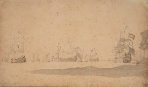 Fekvő holland flotta, valószínűleg 1672 májusában, 1672 körül (grafit, szürke mosás) alkotó: Willem van de the Elder Velde