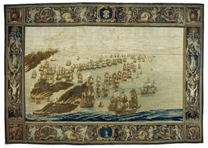 A Mortlake faliszőnyeg (London, Anglia) a "Royal James" tűzét ábrázolja a solebayi csata során, május 28-án.